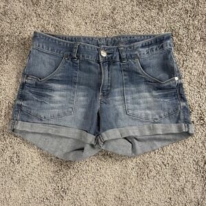 Express‎ Womens Jean Shorts 8 Blue Denim Rolled Cuff Distressed Y2K Retro Summer